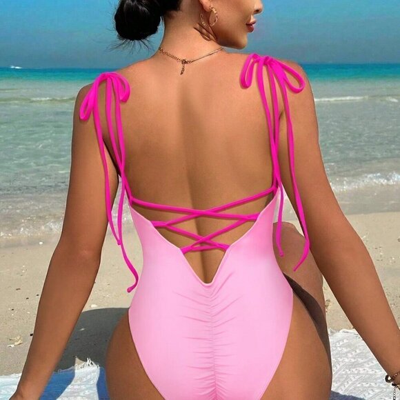 Baby Pink Sexy Women's Swim Ladies Solid Color One-Piece Swimsuit - Picture 1 of 5